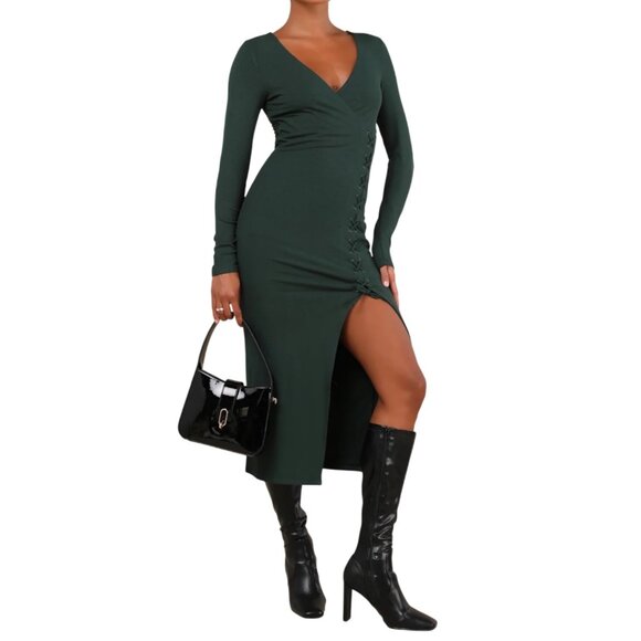 Lulus Dresses & Skirts - Lulus Trendsetting Desire Green Ribbed Jersey Knit Lace-up Size M NWT